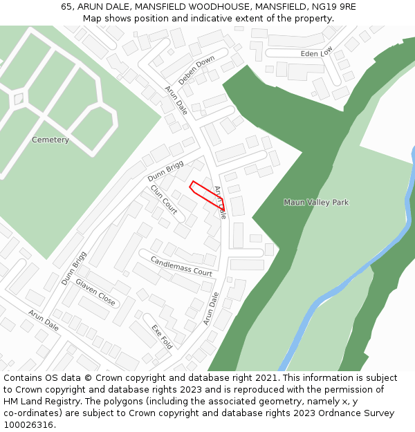 65, ARUN DALE, MANSFIELD WOODHOUSE, MANSFIELD, NG19 9RE: Location map and indicative extent of plot