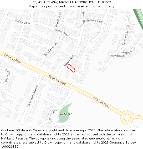 65, ASHLEY WAY, MARKET HARBOROUGH, LE16 7XD: Location map and indicative extent of plot