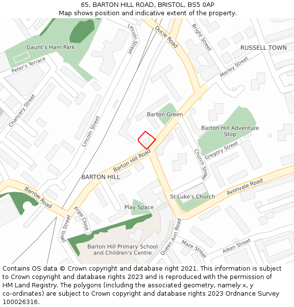 65, BARTON HILL ROAD, BRISTOL, BS5 0AP: Location map and indicative extent of plot