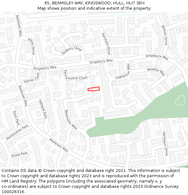 65, BEAMSLEY WAY, KINGSWOOD, HULL, HU7 3EH: Location map and indicative extent of plot