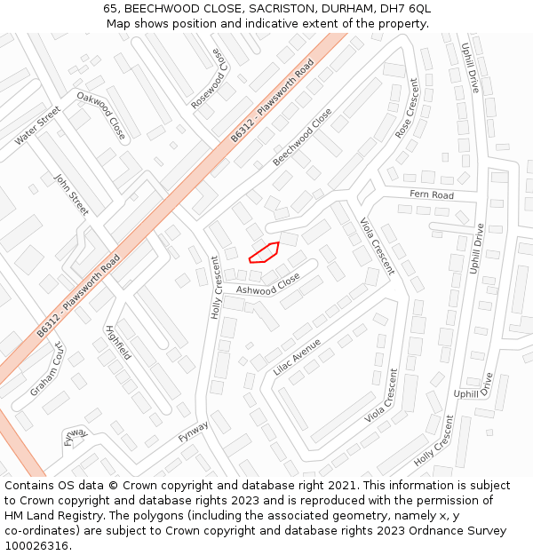 65, BEECHWOOD CLOSE, SACRISTON, DURHAM, DH7 6QL: Location map and indicative extent of plot