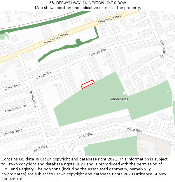 65, BERWYN WAY, NUNEATON, CV10 8QW: Location map and indicative extent of plot