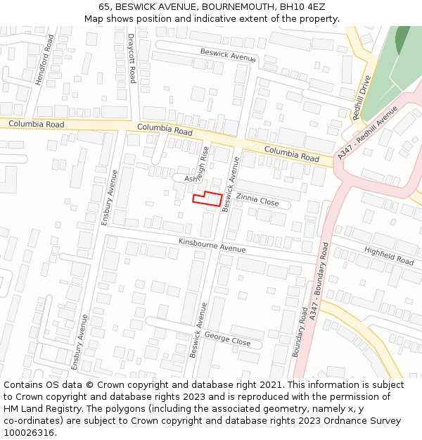 65, BESWICK AVENUE, BOURNEMOUTH, BH10 4EZ: Location map and indicative extent of plot