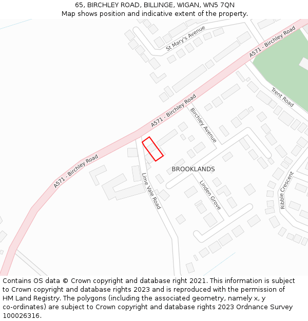 65, BIRCHLEY ROAD, BILLINGE, WIGAN, WN5 7QN: Location map and indicative extent of plot