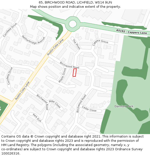 65, BIRCHWOOD ROAD, LICHFIELD, WS14 9UN: Location map and indicative extent of plot