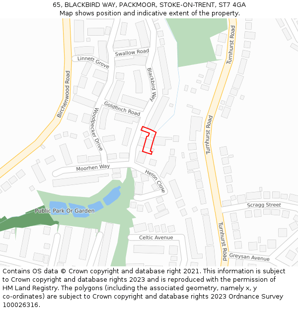 65, BLACKBIRD WAY, PACKMOOR, STOKE-ON-TRENT, ST7 4GA: Location map and indicative extent of plot