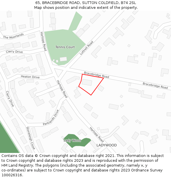 65, BRACEBRIDGE ROAD, SUTTON COLDFIELD, B74 2SL: Location map and indicative extent of plot