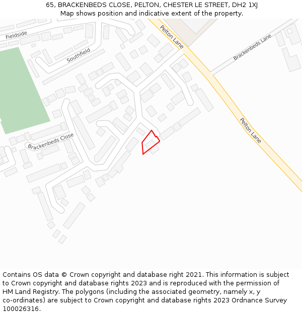 65, BRACKENBEDS CLOSE, PELTON, CHESTER LE STREET, DH2 1XJ: Location map and indicative extent of plot