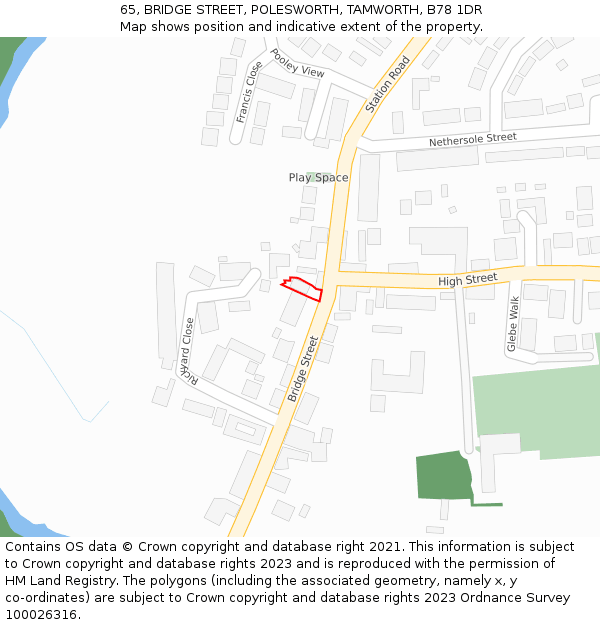 65, BRIDGE STREET, POLESWORTH, TAMWORTH, B78 1DR: Location map and indicative extent of plot