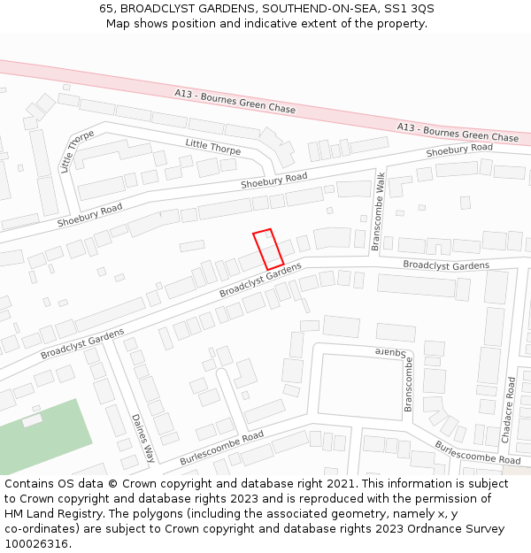 65, BROADCLYST GARDENS, SOUTHEND-ON-SEA, SS1 3QS: Location map and indicative extent of plot