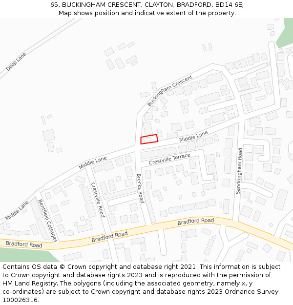 65, BUCKINGHAM CRESCENT, CLAYTON, BRADFORD, BD14 6EJ: Location map and indicative extent of plot