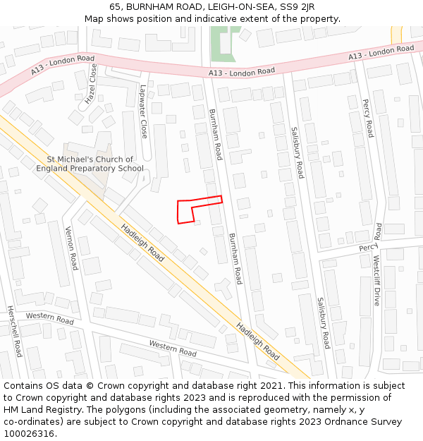 65, BURNHAM ROAD, LEIGH-ON-SEA, SS9 2JR: Location map and indicative extent of plot