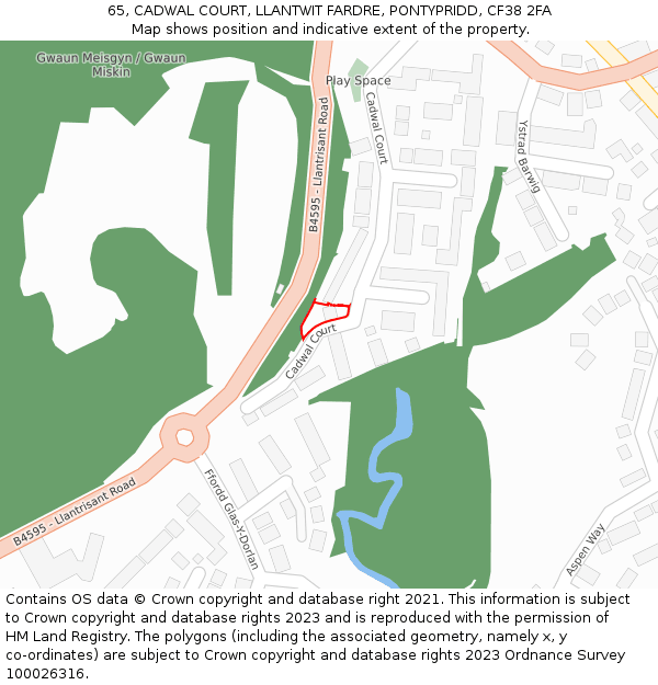 65, CADWAL COURT, LLANTWIT FARDRE, PONTYPRIDD, CF38 2FA: Location map and indicative extent of plot