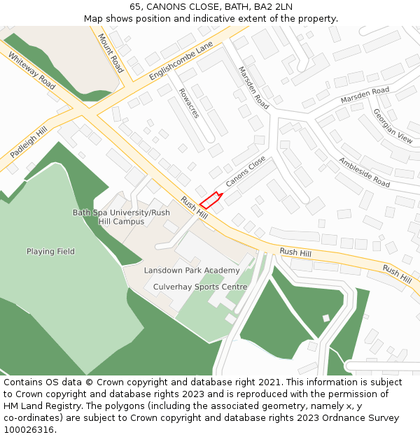 65, CANONS CLOSE, BATH, BA2 2LN: Location map and indicative extent of plot