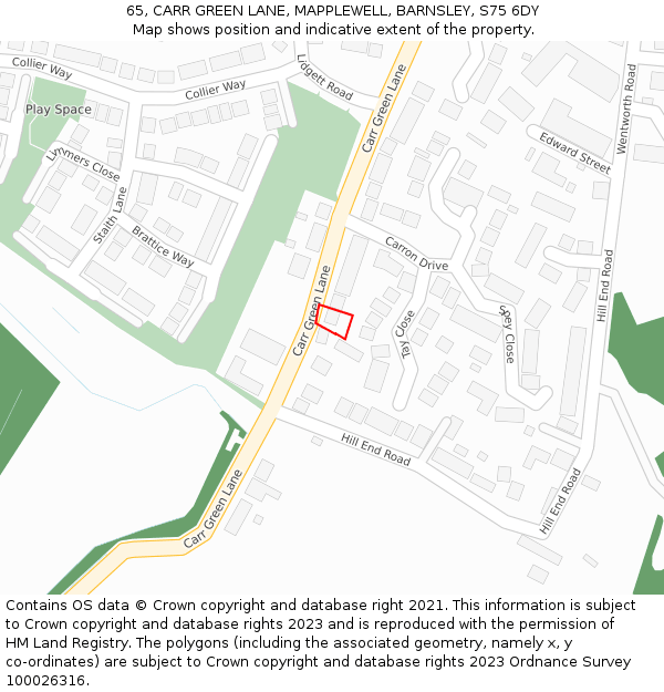 65, CARR GREEN LANE, MAPPLEWELL, BARNSLEY, S75 6DY: Location map and indicative extent of plot