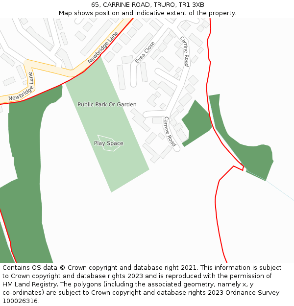 65, CARRINE ROAD, TRURO, TR1 3XB: Location map and indicative extent of plot