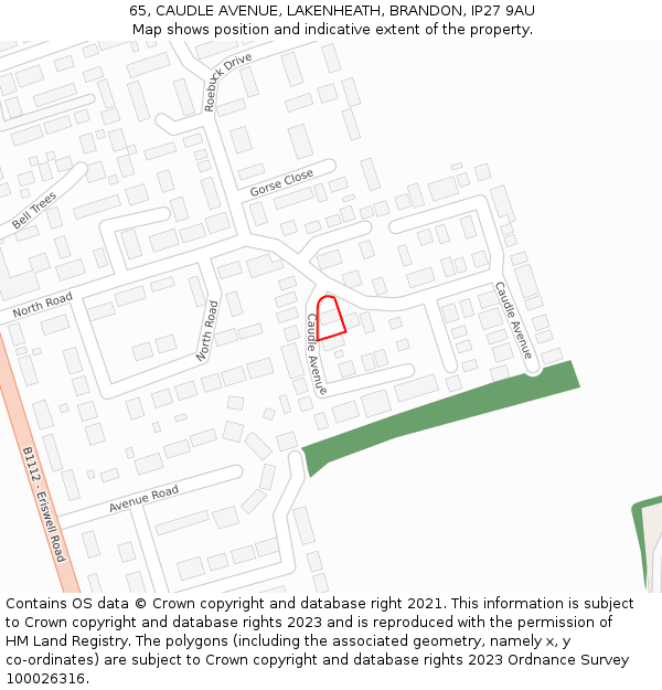 65, CAUDLE AVENUE, LAKENHEATH, BRANDON, IP27 9AU: Location map and indicative extent of plot