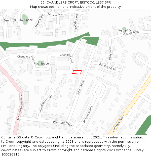 65, CHANDLERS CROFT, IBSTOCK, LE67 6PR: Location map and indicative extent of plot