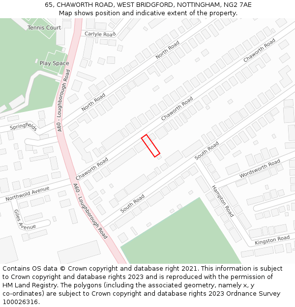 65, CHAWORTH ROAD, WEST BRIDGFORD, NOTTINGHAM, NG2 7AE: Location map and indicative extent of plot