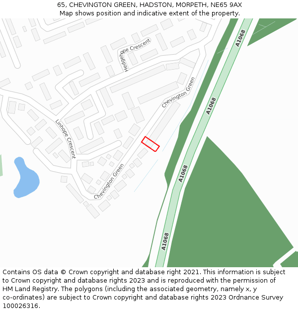 65, CHEVINGTON GREEN, HADSTON, MORPETH, NE65 9AX: Location map and indicative extent of plot