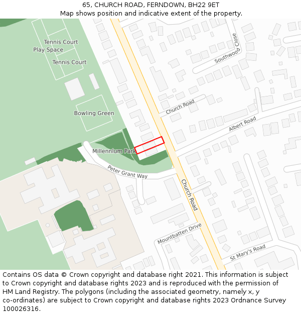 65, CHURCH ROAD, FERNDOWN, BH22 9ET: Location map and indicative extent of plot