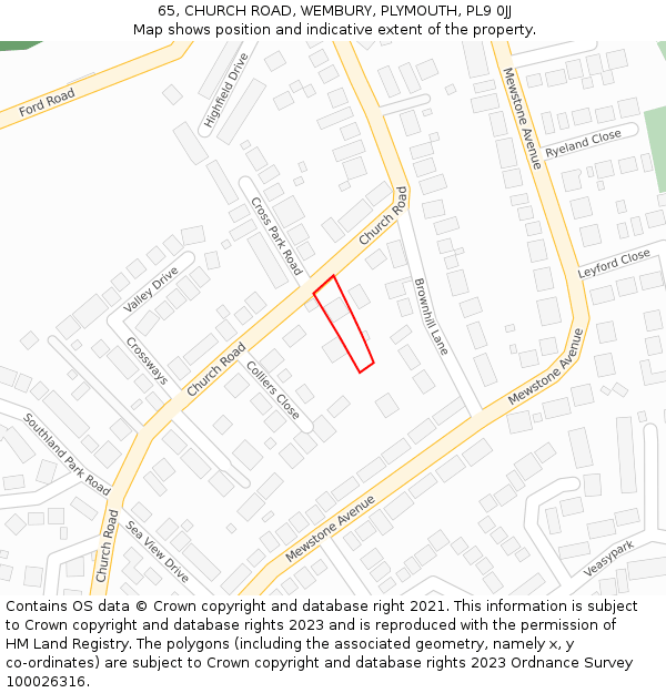 65, CHURCH ROAD, WEMBURY, PLYMOUTH, PL9 0JJ: Location map and indicative extent of plot