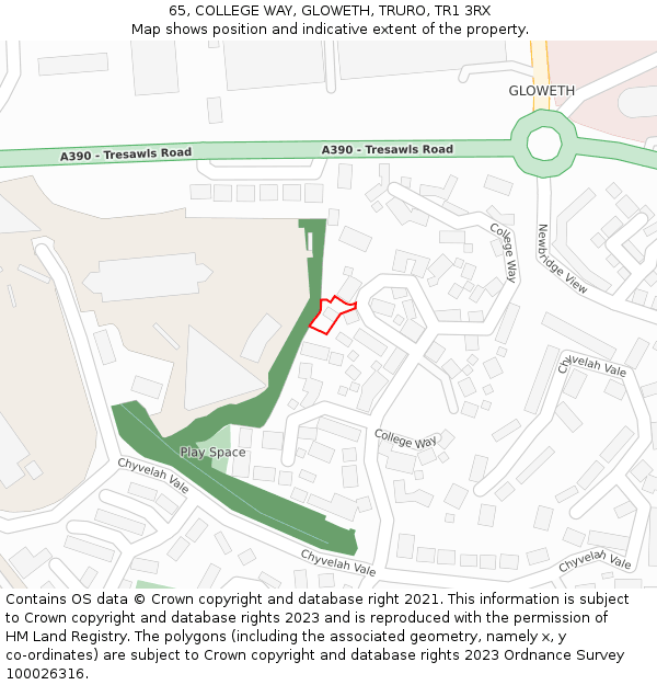 65, COLLEGE WAY, GLOWETH, TRURO, TR1 3RX: Location map and indicative extent of plot