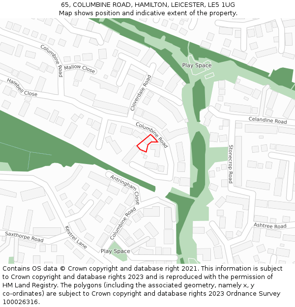 65, COLUMBINE ROAD, HAMILTON, LEICESTER, LE5 1UG: Location map and indicative extent of plot