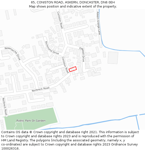 65, CONISTON ROAD, ASKERN, DONCASTER, DN6 0EH: Location map and indicative extent of plot