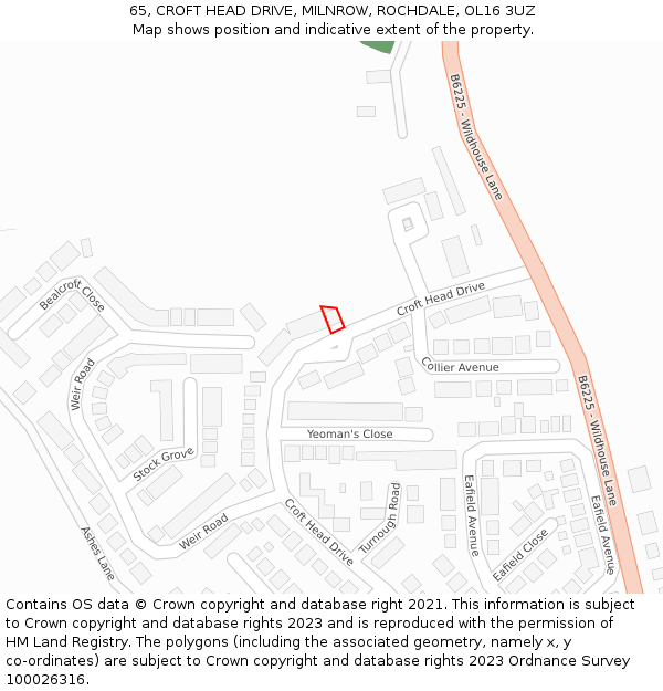 65, CROFT HEAD DRIVE, MILNROW, ROCHDALE, OL16 3UZ: Location map and indicative extent of plot