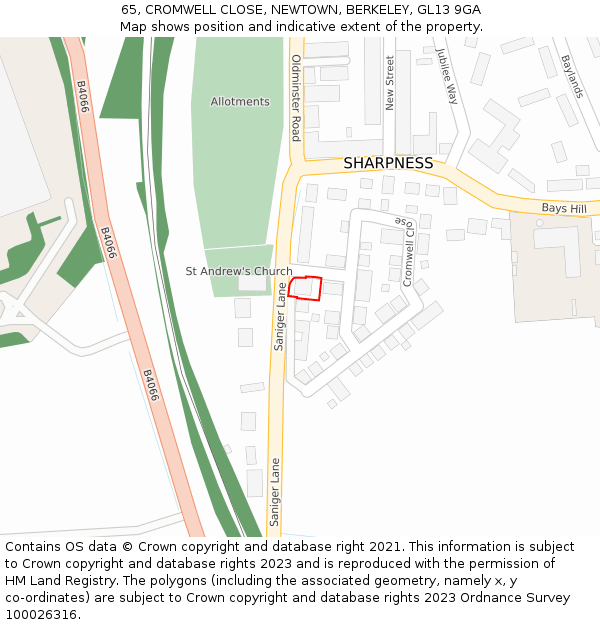 65, CROMWELL CLOSE, NEWTOWN, BERKELEY, GL13 9GA: Location map and indicative extent of plot