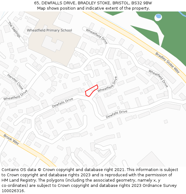 65, DEWFALLS DRIVE, BRADLEY STOKE, BRISTOL, BS32 9BW: Location map and indicative extent of plot