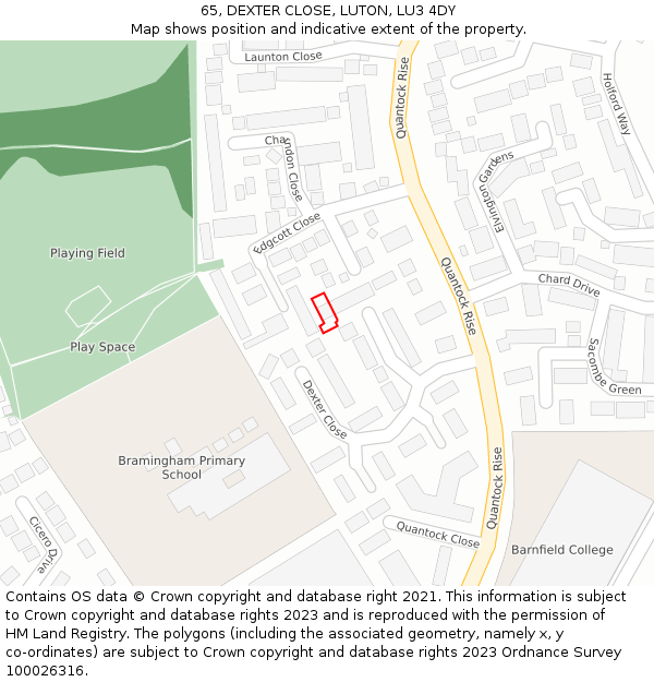 65, DEXTER CLOSE, LUTON, LU3 4DY: Location map and indicative extent of plot