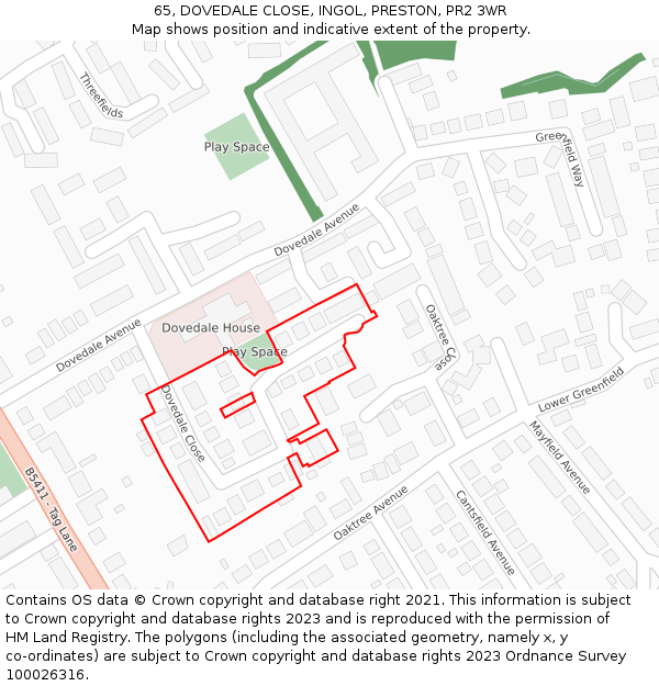 65, DOVEDALE CLOSE, INGOL, PRESTON, PR2 3WR: Location map and indicative extent of plot