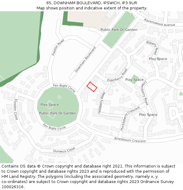 65, DOWNHAM BOULEVARD, IPSWICH, IP3 9UR: Location map and indicative extent of plot