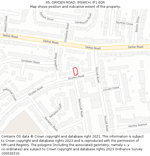 65, DRYDEN ROAD, IPSWICH, IP1 6QR: Location map and indicative extent of plot