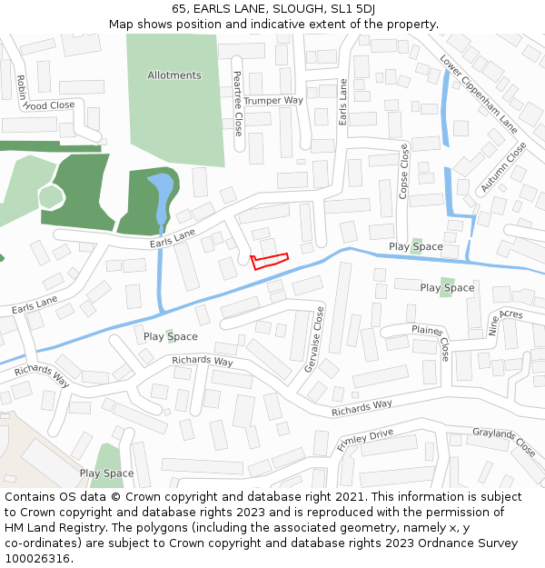 65, EARLS LANE, SLOUGH, SL1 5DJ: Location map and indicative extent of plot