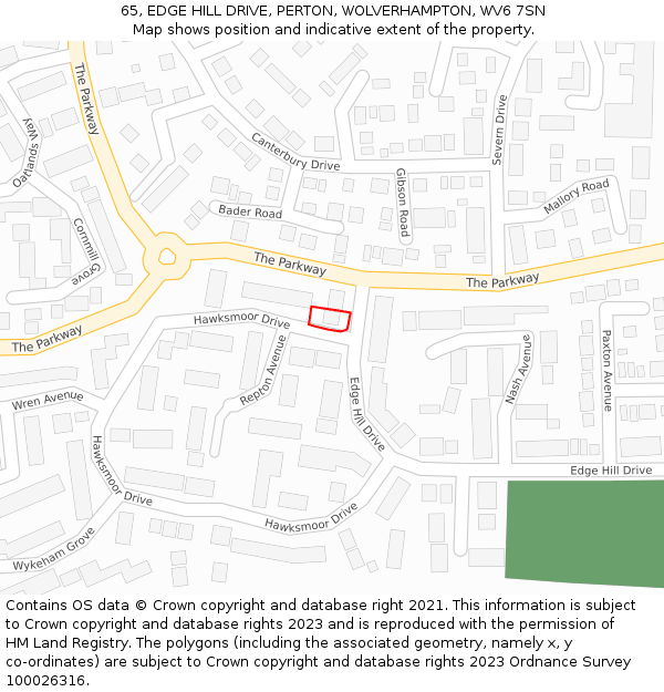 65, EDGE HILL DRIVE, PERTON, WOLVERHAMPTON, WV6 7SN: Location map and indicative extent of plot