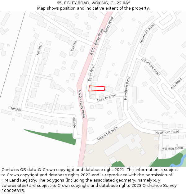 65, EGLEY ROAD, WOKING, GU22 0AY: Location map and indicative extent of plot