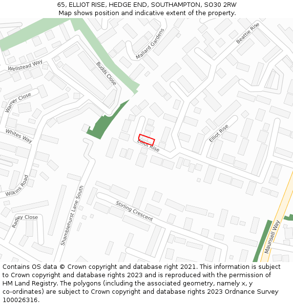 65, ELLIOT RISE, HEDGE END, SOUTHAMPTON, SO30 2RW: Location map and indicative extent of plot