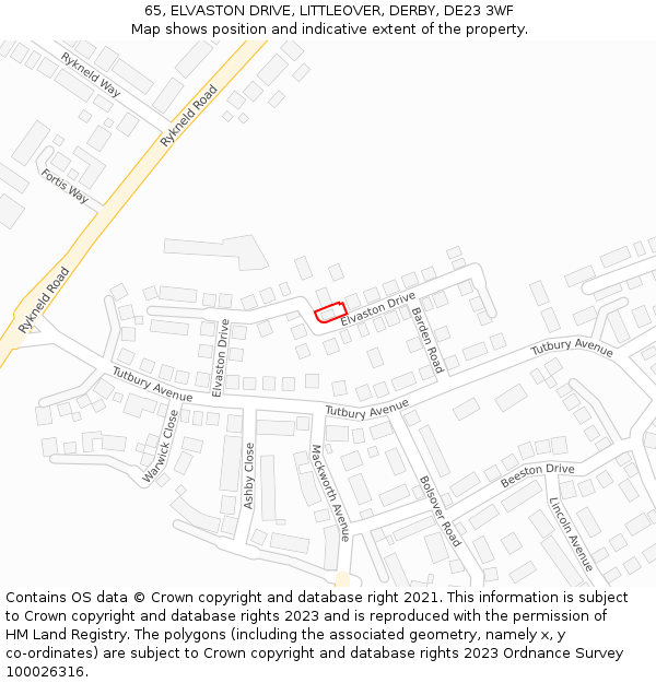 65, ELVASTON DRIVE, LITTLEOVER, DERBY, DE23 3WF: Location map and indicative extent of plot