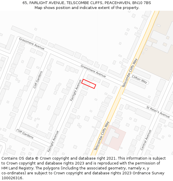 65, FAIRLIGHT AVENUE, TELSCOMBE CLIFFS, PEACEHAVEN, BN10 7BS: Location map and indicative extent of plot