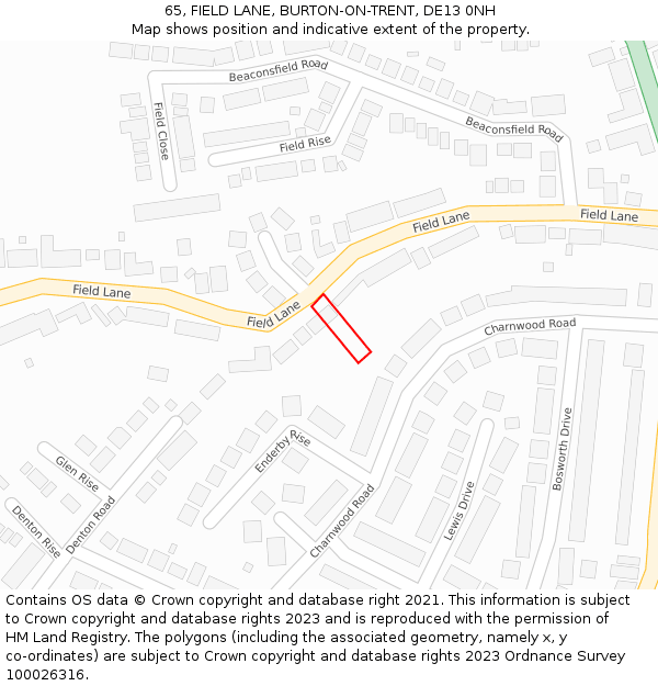 65, FIELD LANE, BURTON-ON-TRENT, DE13 0NH: Location map and indicative extent of plot