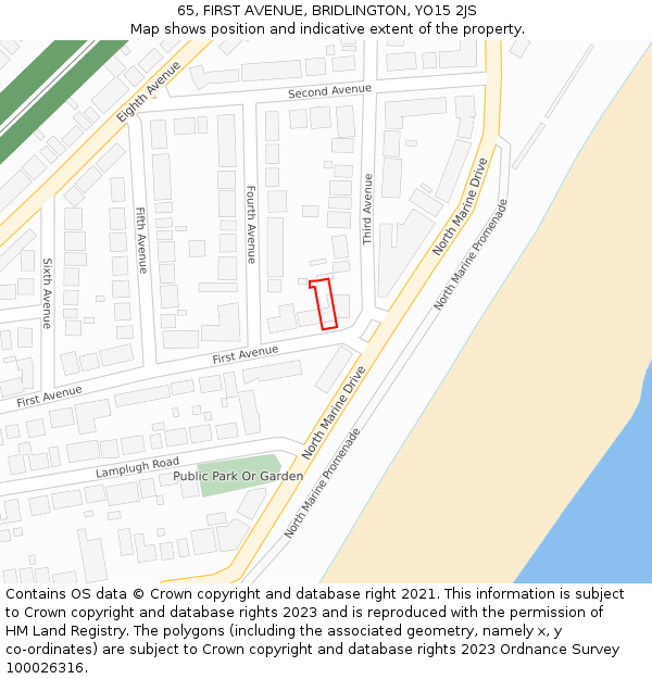 65, FIRST AVENUE, BRIDLINGTON, YO15 2JS: Location map and indicative extent of plot