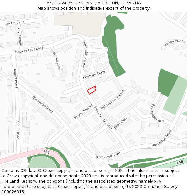 65, FLOWERY LEYS LANE, ALFRETON, DE55 7HA: Location map and indicative extent of plot