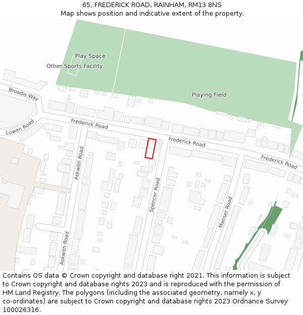 65, FREDERICK ROAD, RAINHAM, RM13 8NS: Location map and indicative extent of plot