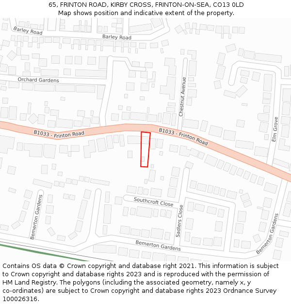 65, FRINTON ROAD, KIRBY CROSS, FRINTON-ON-SEA, CO13 0LD: Location map and indicative extent of plot