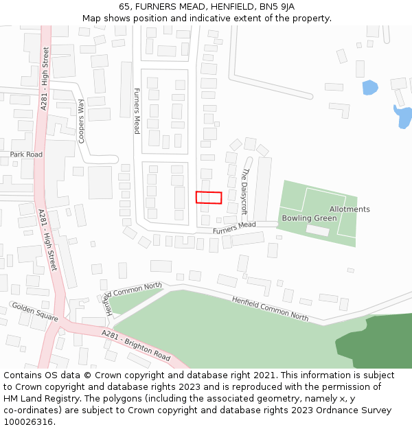 65, FURNERS MEAD, HENFIELD, BN5 9JA: Location map and indicative extent of plot