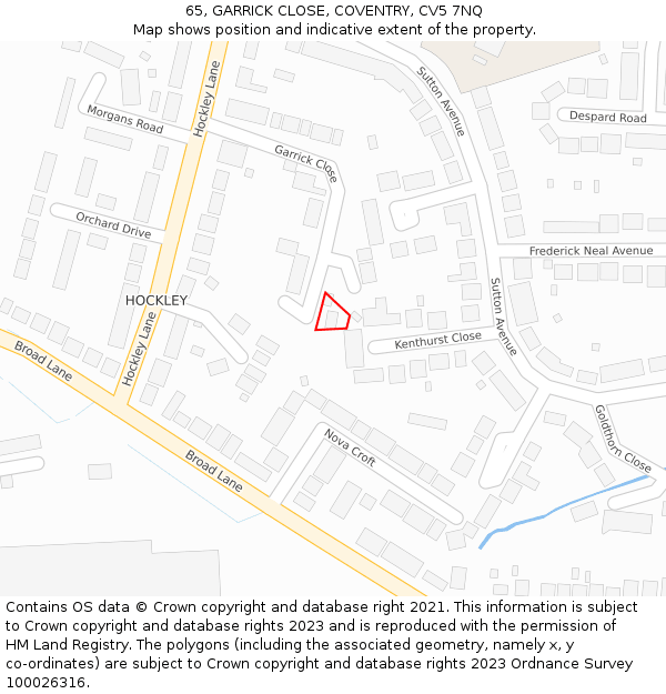 65, GARRICK CLOSE, COVENTRY, CV5 7NQ: Location map and indicative extent of plot