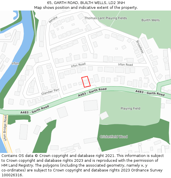 65, GARTH ROAD, BUILTH WELLS, LD2 3NH: Location map and indicative extent of plot